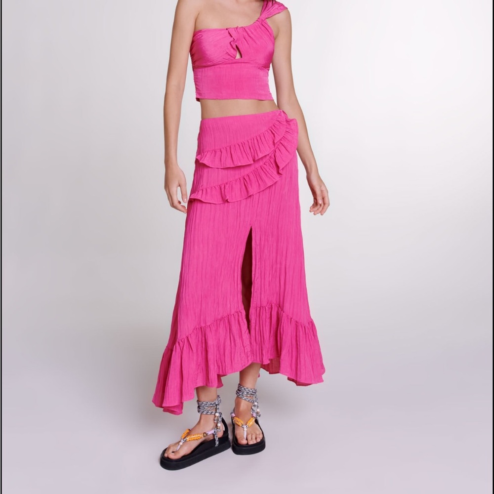 Maje long satin-effect crinkle skirt